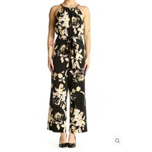 White House Black Market Floral Halter Jumpsuit Black Wide Leg Size L 10